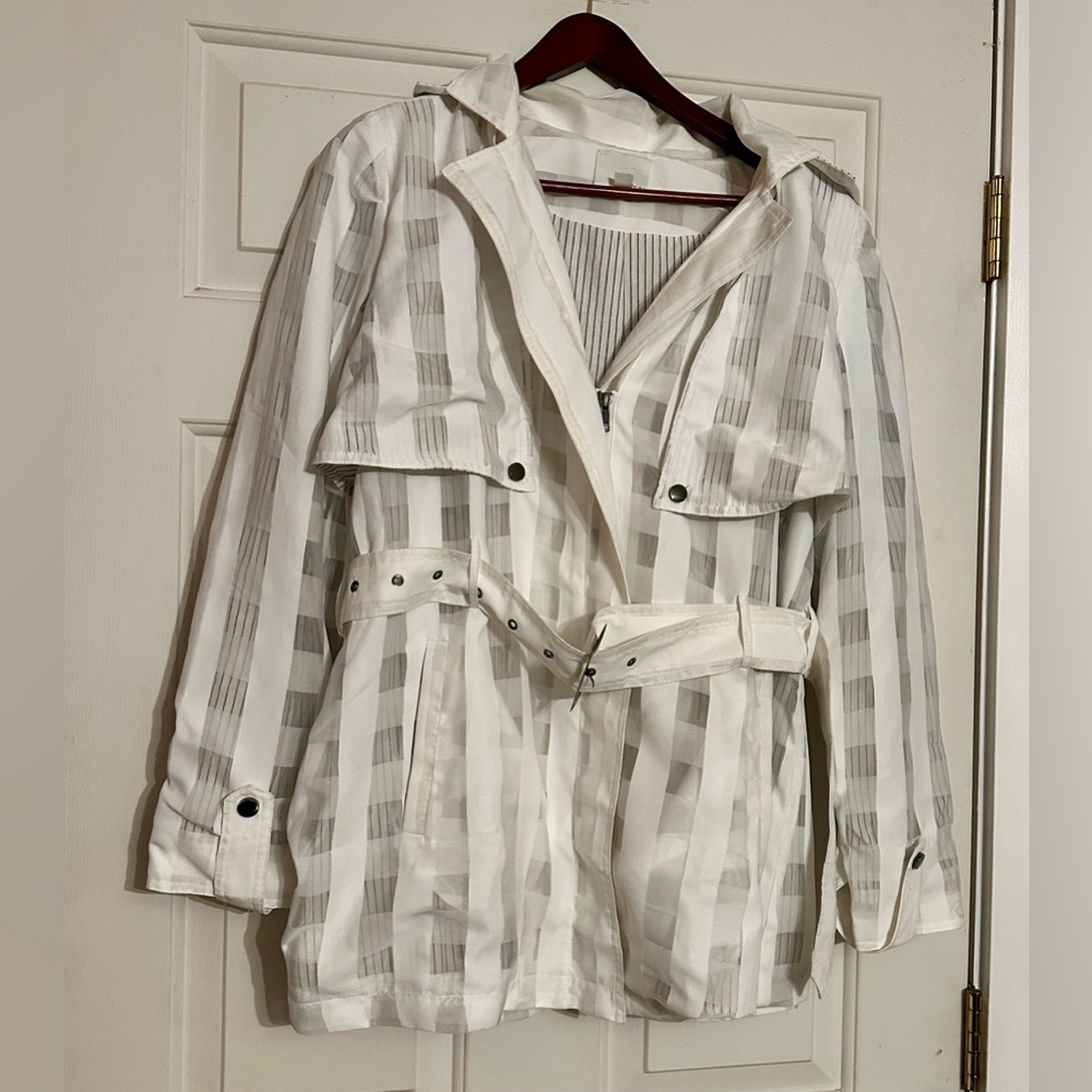 GREYLIN‎ By Anthropologie Striped White, Gray, Ivory Cotton/Linen Lined Coat L